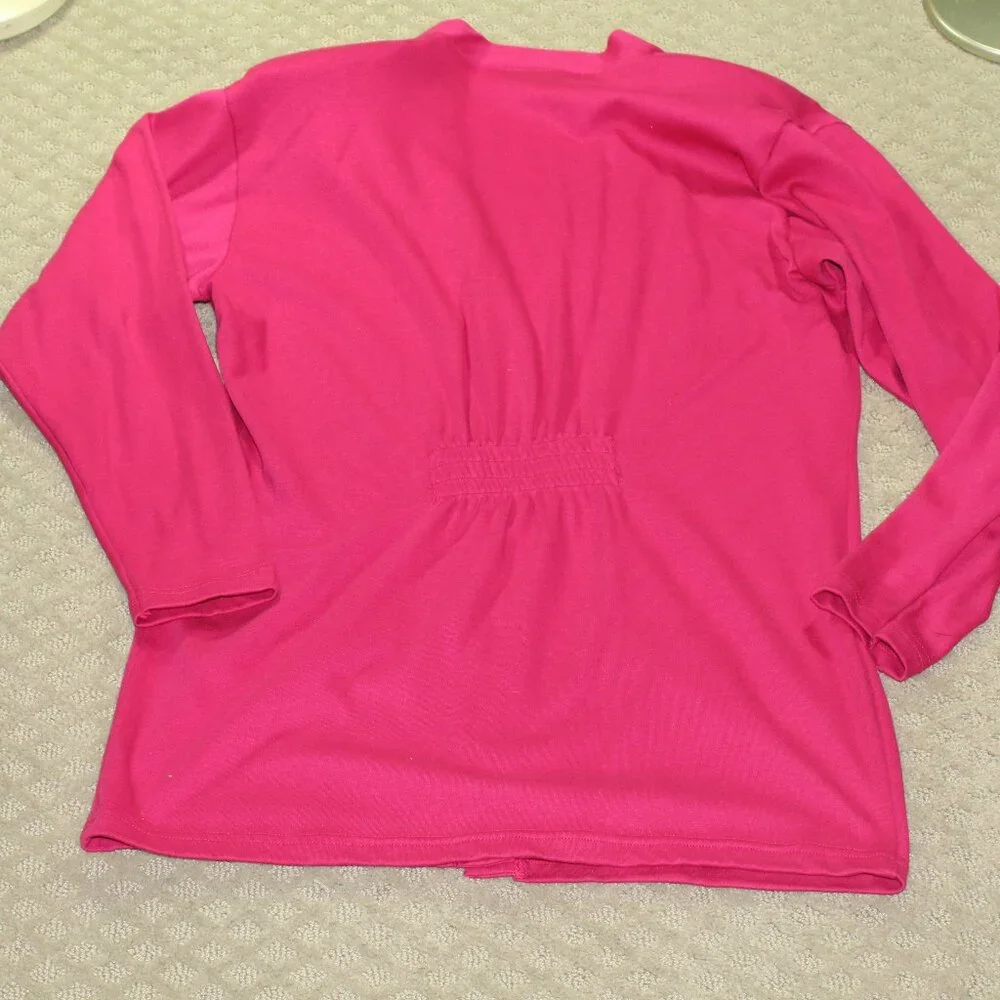Vintage 80s Pierre Cardin Fuchsia Pink Cotton Knit Shoulder Pads Long Cardigan
